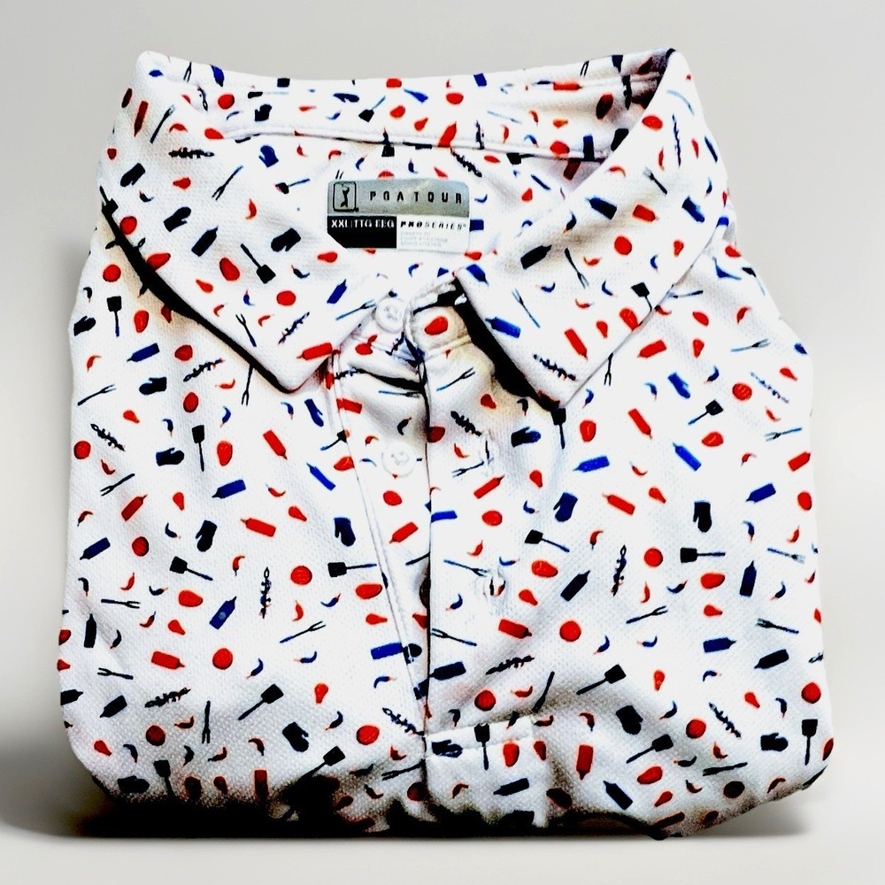 PGA Tour‎ Pro Series Mens XXL White BBQ Grill Print Golf Polo Shirt Short Sleeve